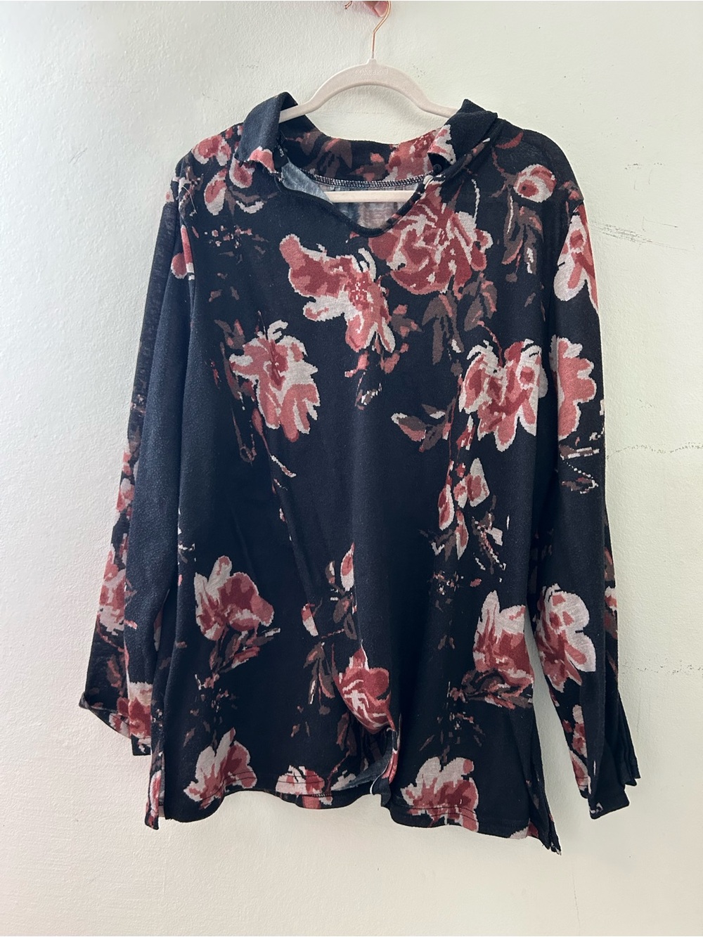 Suzanne Betro Black Floral Hoodie Top with Rose Print